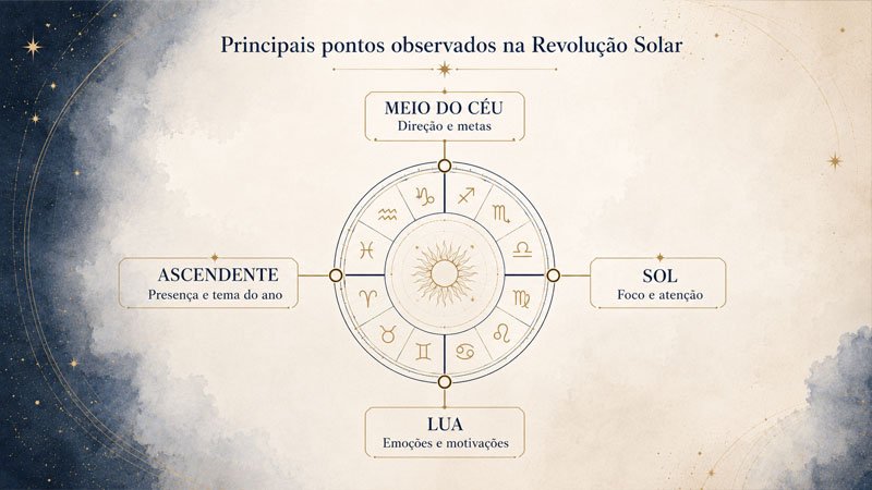 Diagrama dos principais pontos observados em uma Revolução Solar: Ascendente, Meio do Céu, Sol, Lua, planetas e casas astrológicas