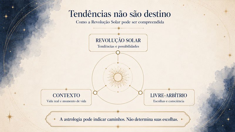 Representação simbólica da relação entre tendências astrológicas e livre-arbítrio na Revolução Solar