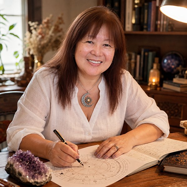 Emiko Yamana analisando um mapa astral à mão, com cristal de ametista sobre a mesa de trabalho.