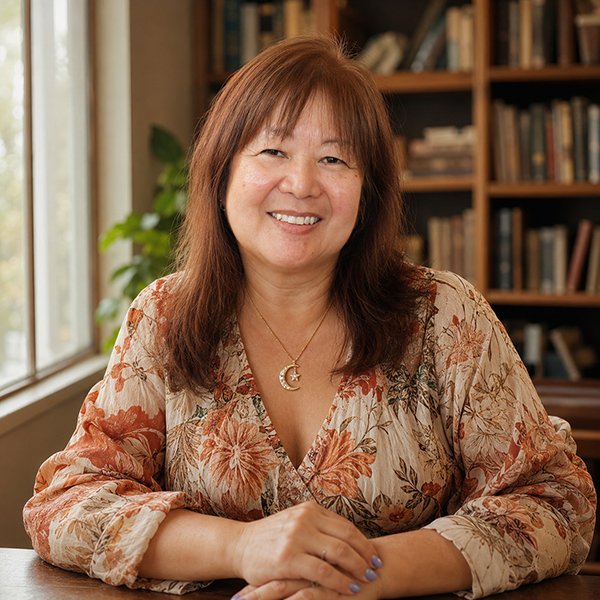 Emiko Yamana em seu espaço pessoal, entre livros e luz natural — uma trajetória construída entre culturas.